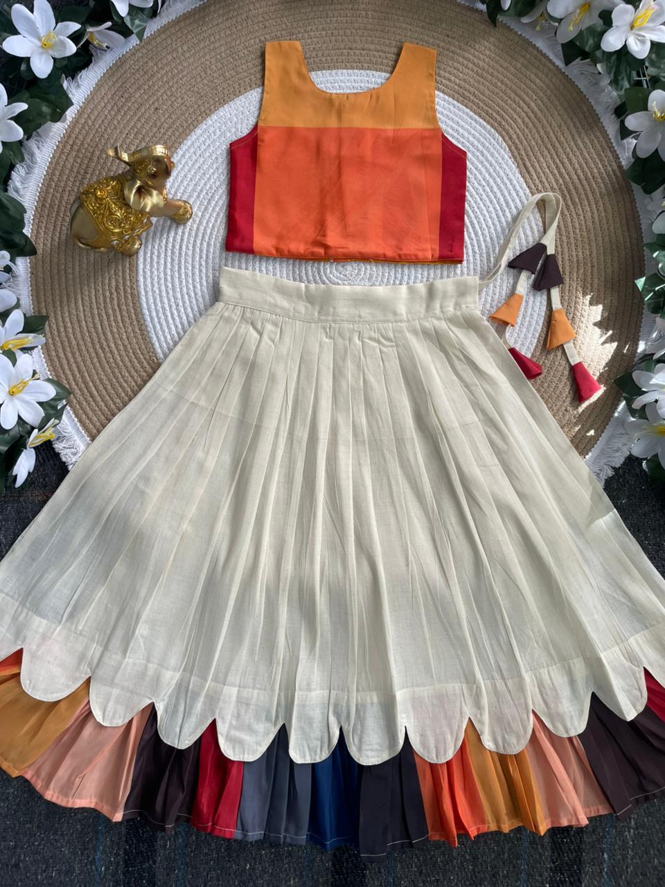 Cream Pure Cotton Silk Heavy Printed Kids Lehenga Choli 