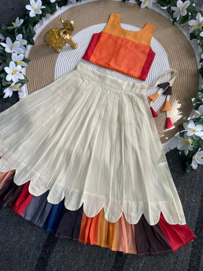 Cream Pure Cotton Silk Heavy Printed Kids Lehenga Choli 