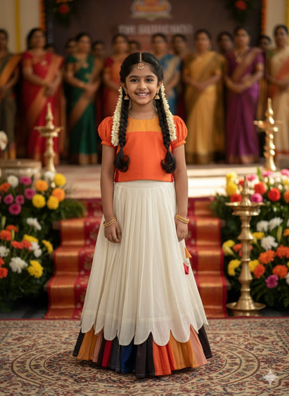 Cream Pure Cotton Silk Heavy Printed Kids Lehenga Choli 