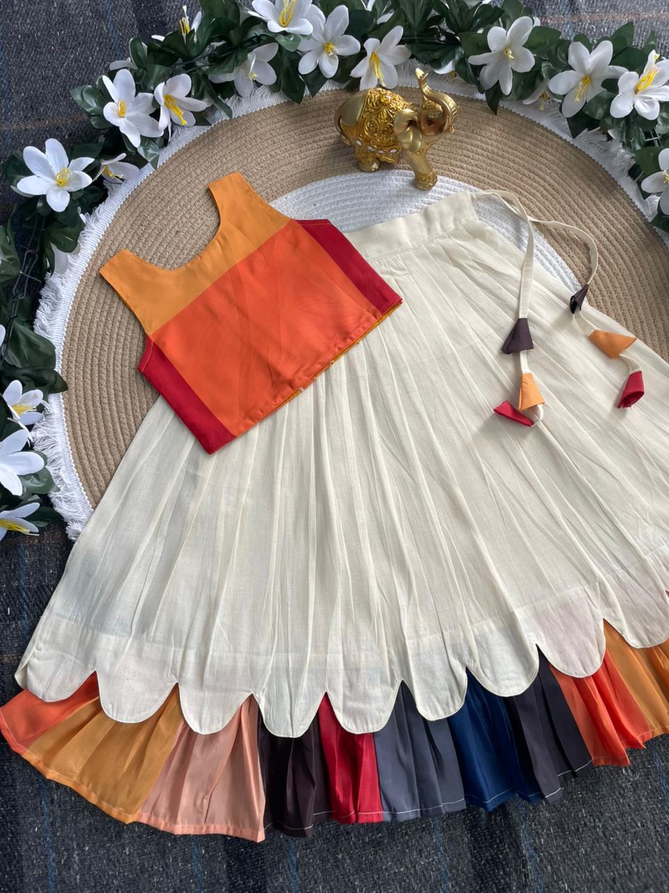 Cream Pure Cotton Silk Heavy Printed Kids Lehenga Choli 