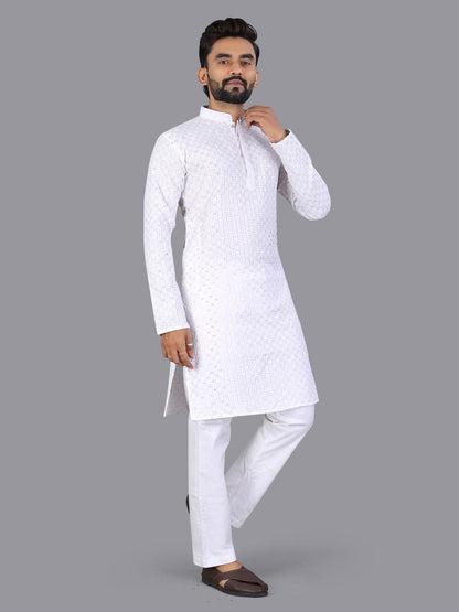 White Pure Cotton Chikankari Work Kurta Pajama 