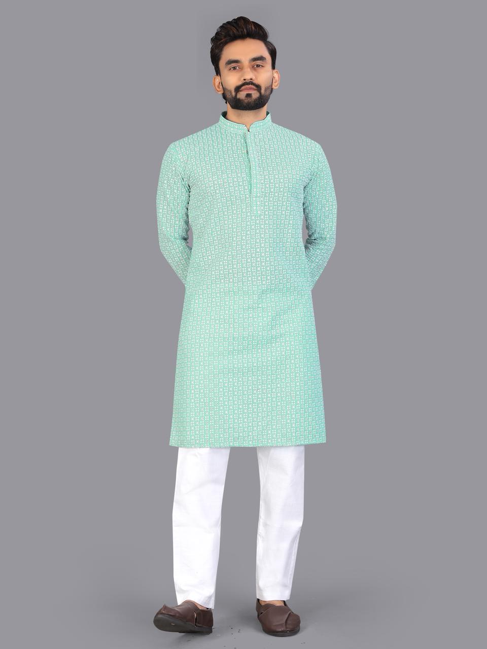 Green Pure Cotton Chikankari Work Kurta Pajama 