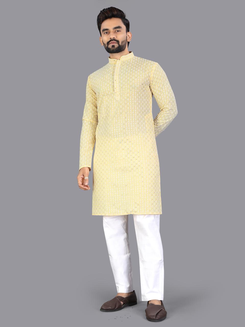 Yellow Pure Cotton Chikankari Work Kurta Pajama 