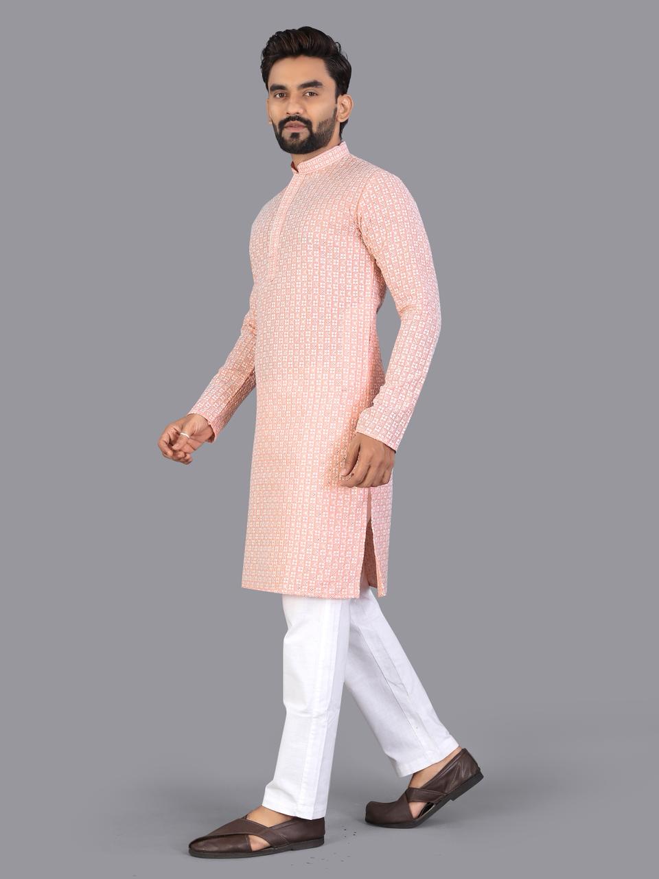 Pink Pure Cotton Chikankari Work Kurta Pajama 