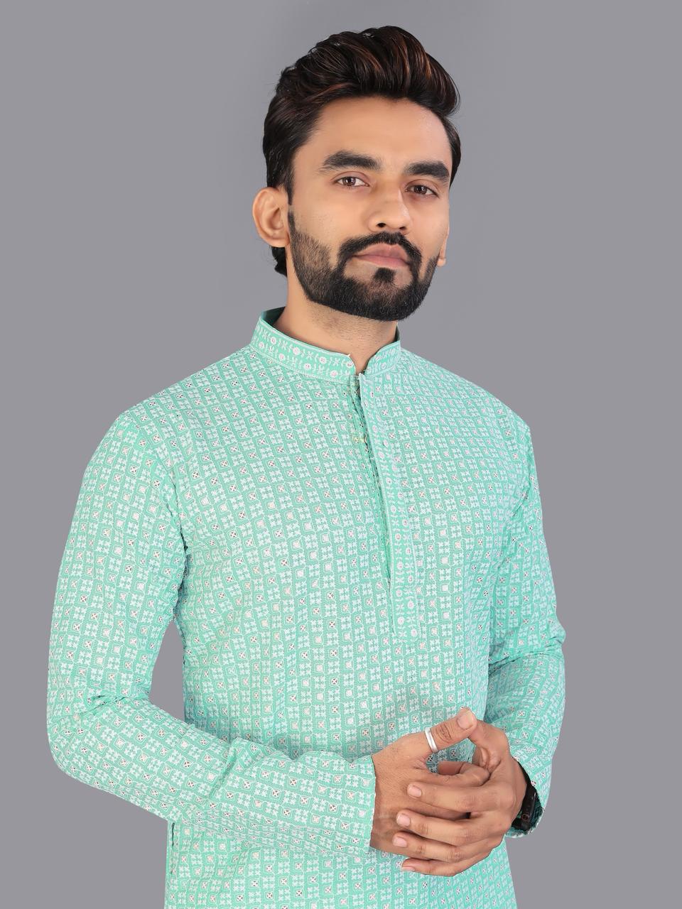Green Pure Cotton Chikankari Work Kurta Pajama 