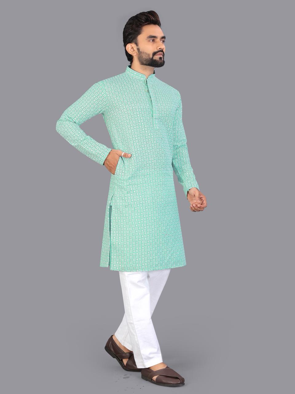 Green Pure Cotton Chikankari Work Kurta Pajama 