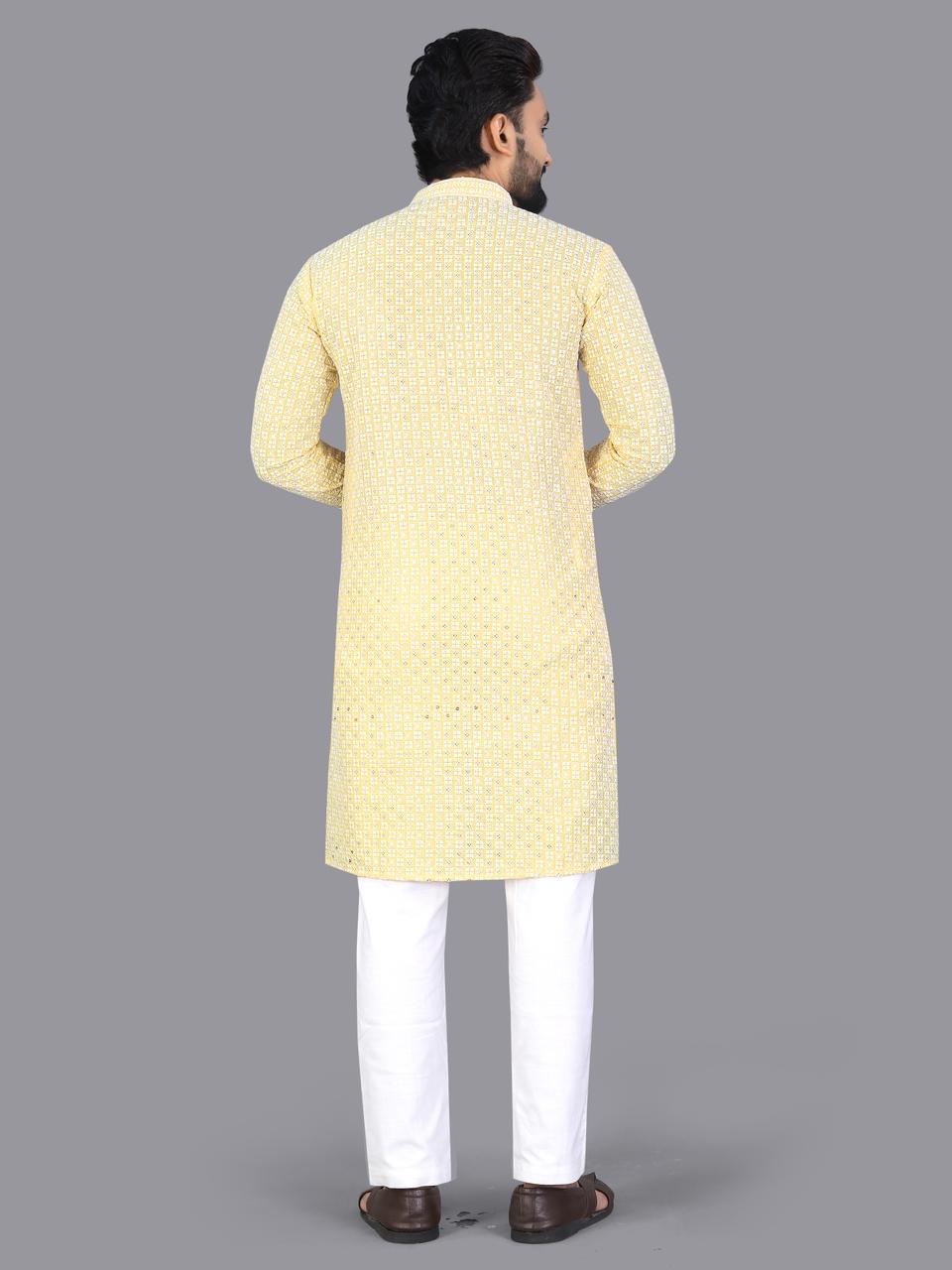 Yellow Pure Cotton Chikankari Work Kurta Pajama 