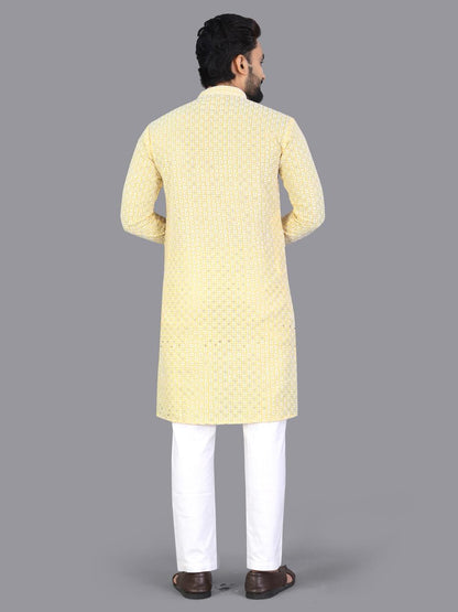 Yellow Pure Cotton Chikankari Work Kurta Pajama 