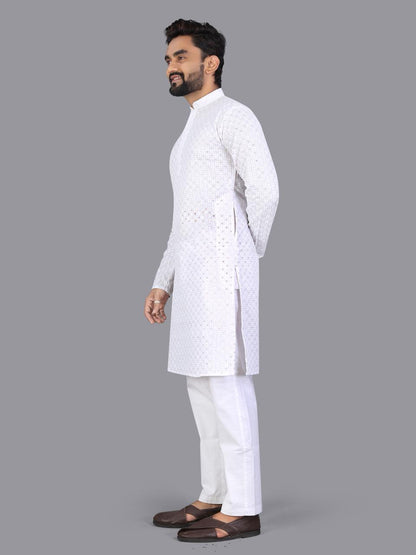 White Pure Cotton Chikankari Work Kurta Pajama 