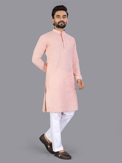 Pink Pure Cotton Chikankari Work Kurta Pajama 