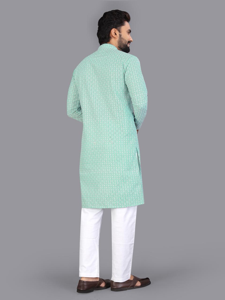 Green Pure Cotton Chikankari Work Kurta Pajama 
