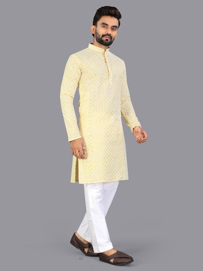 Yellow Pure Cotton Chikankari Work Kurta Pajama 