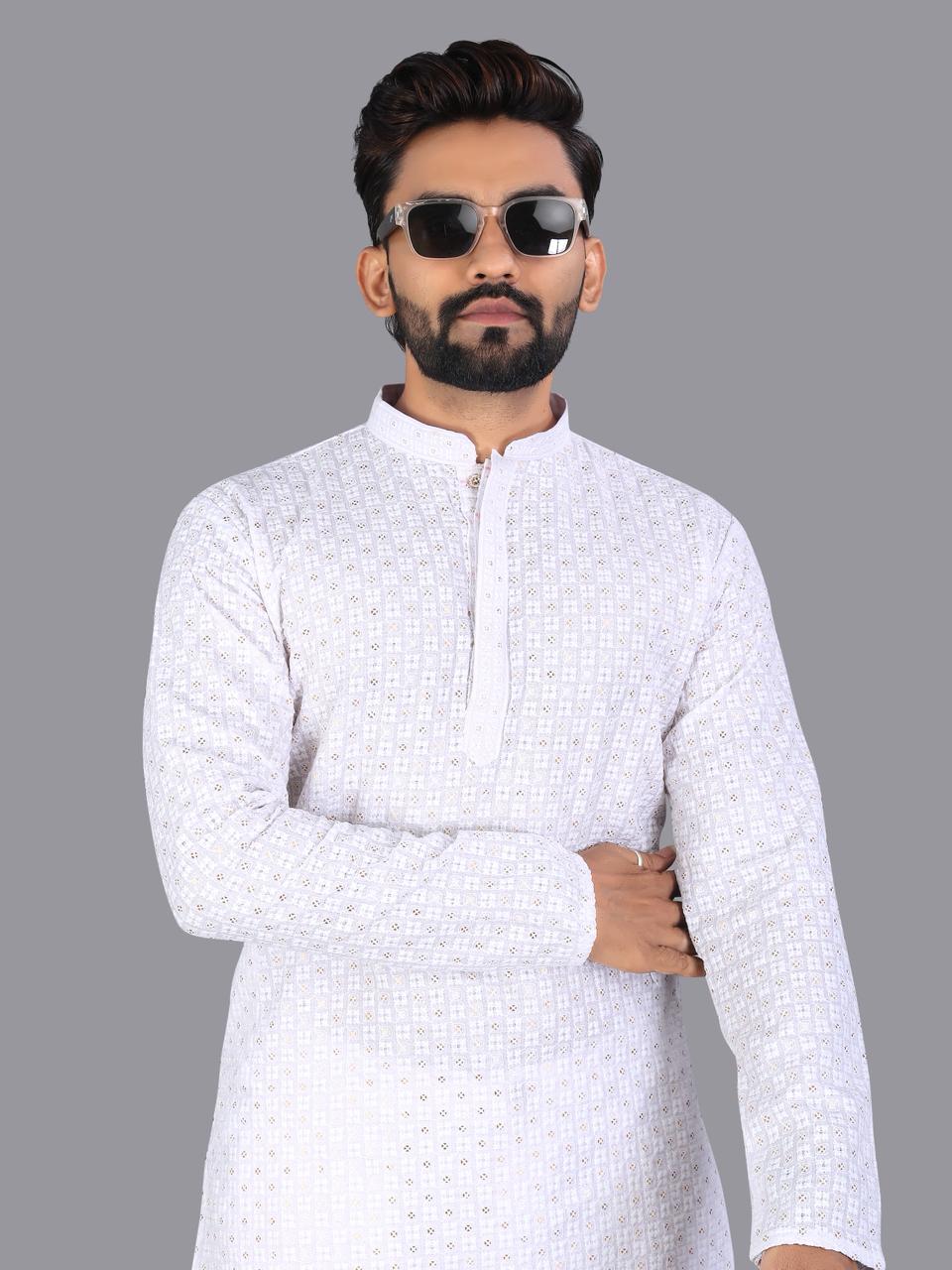 White Pure Cotton Chikankari Work Kurta Pajama 