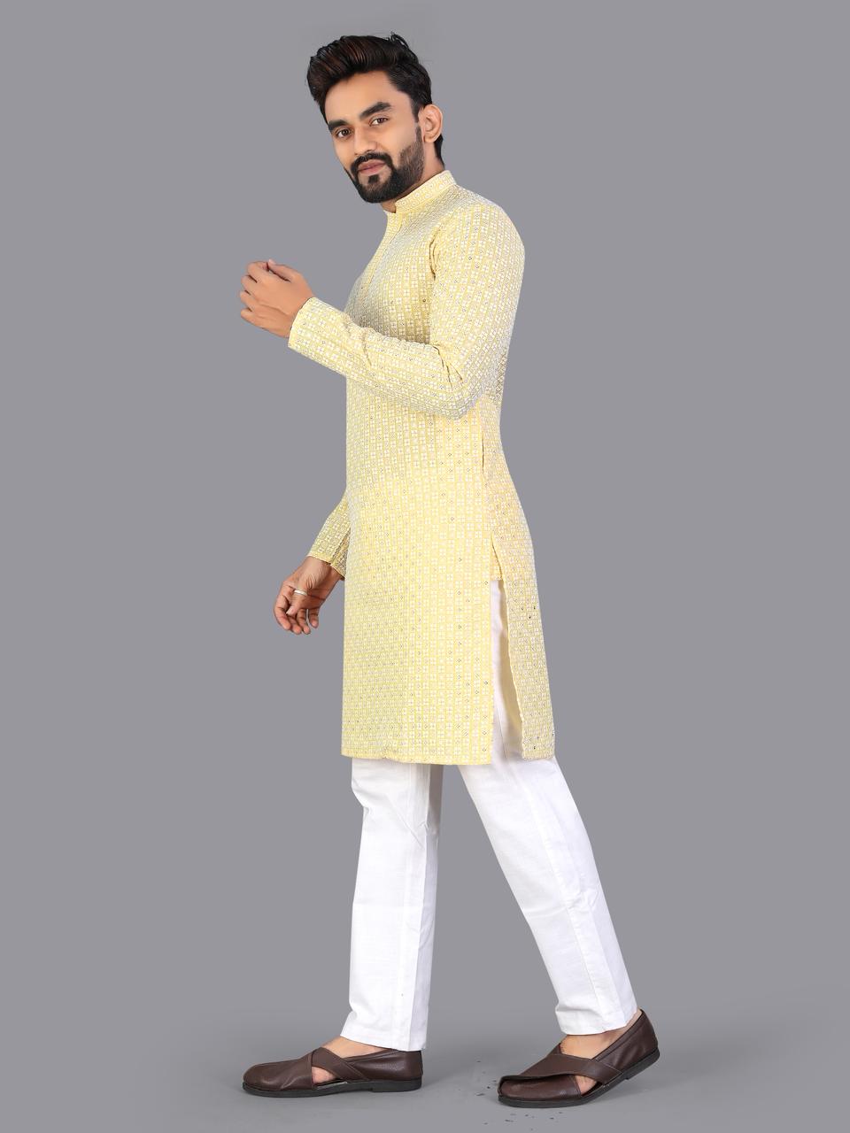 Yellow Pure Cotton Chikankari Work Kurta Pajama 