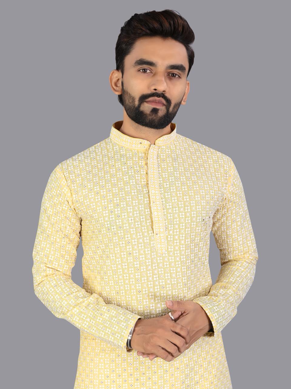 Yellow Pure Cotton Chikankari Work Kurta Pajama 