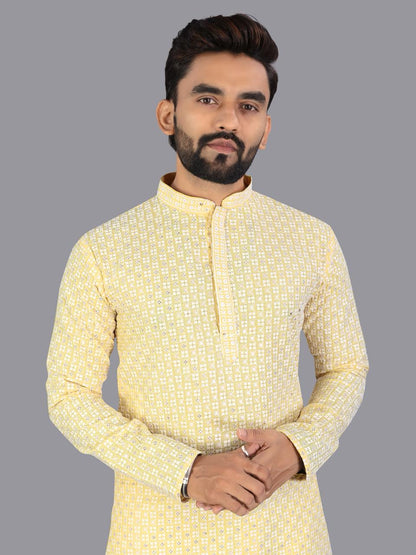 Yellow Pure Cotton Chikankari Work Kurta Pajama 