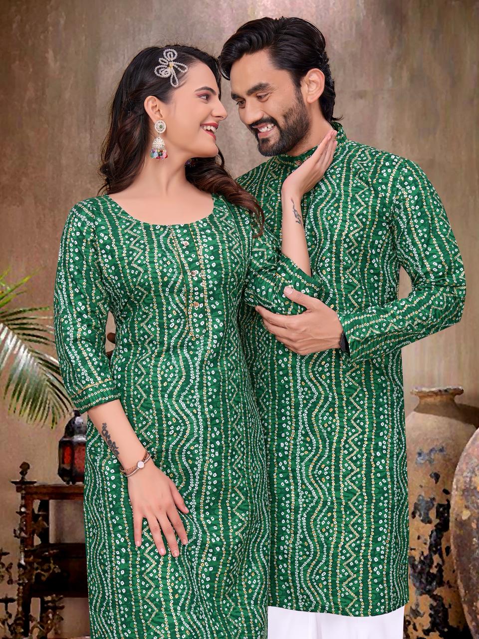 Green Pure Soft Reyon Silk Kurta &amp; Kurti Matching Couple Set