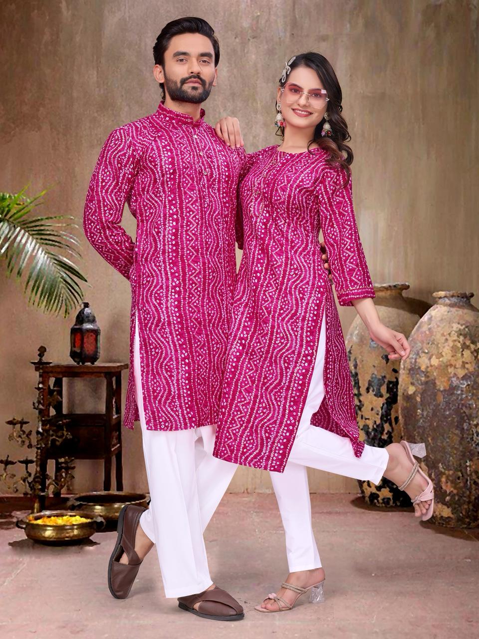 Pink Pure Soft Reyon Silk Kurta &amp; Kurti Matching Couple Set