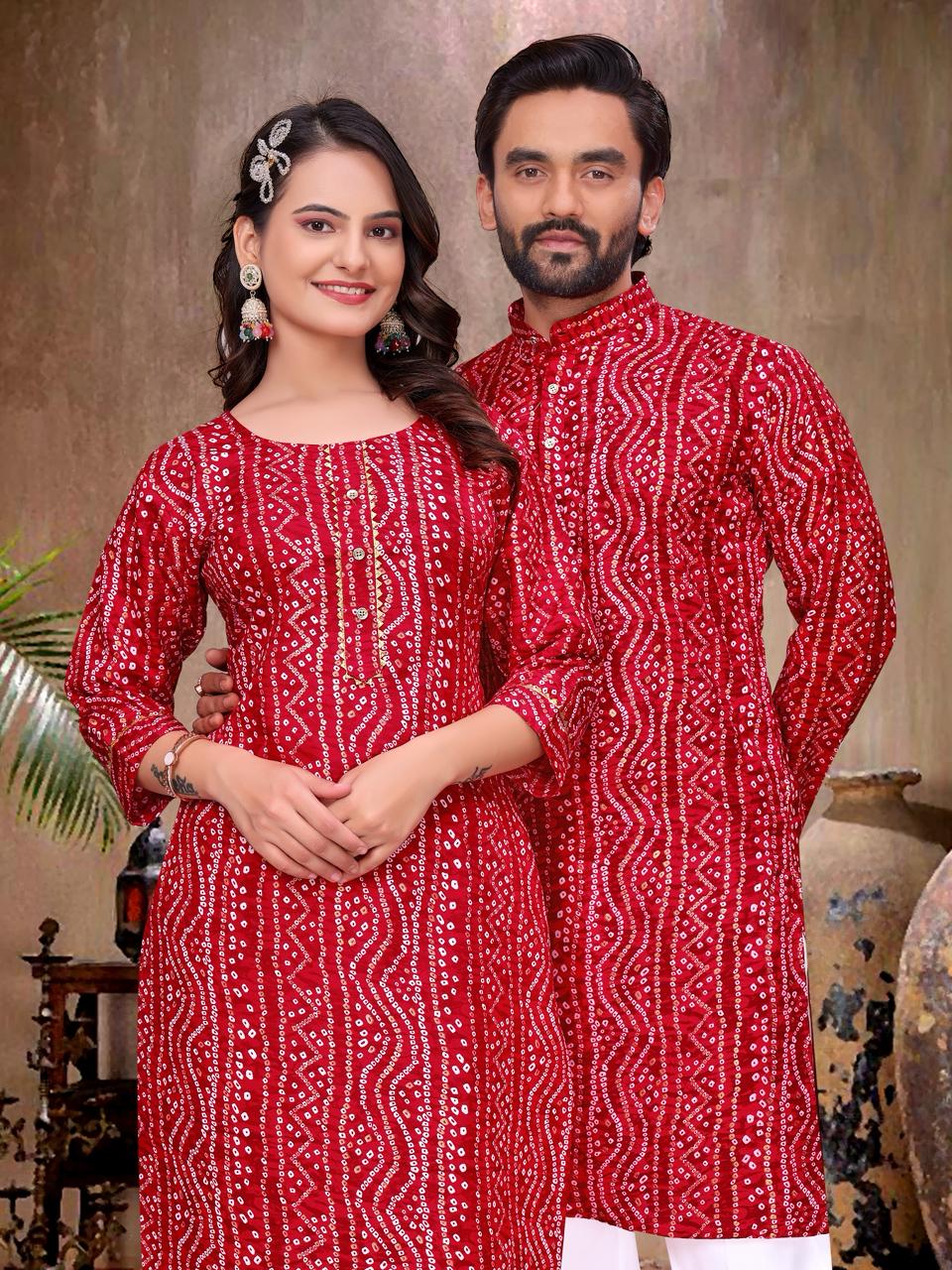 Red Pure Soft Reyon Silk Kurta &amp; Kurti Matching Couple Set