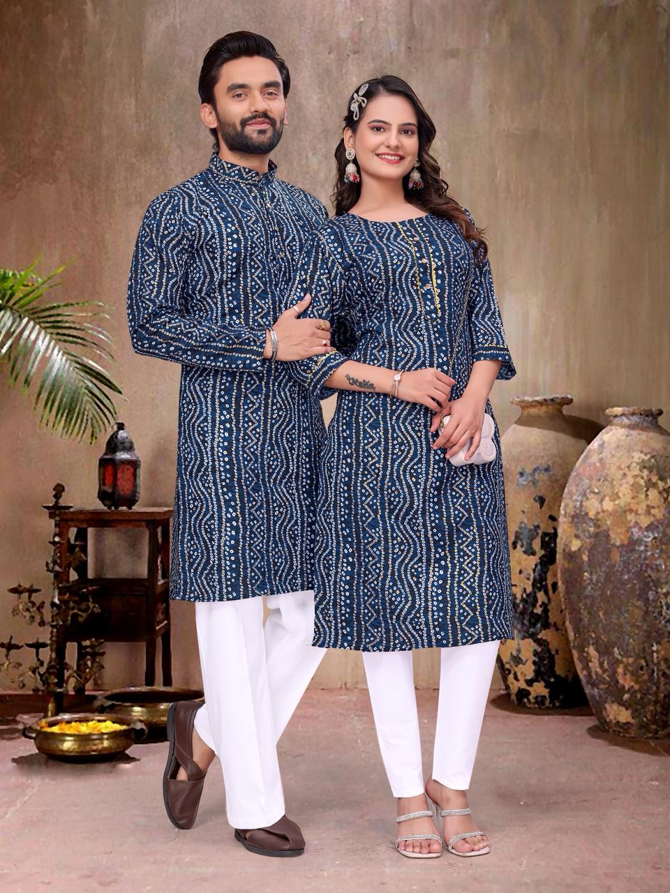 Blue Pure Soft Reyon Silk Kurta &amp; Kurti Matching Couple Set