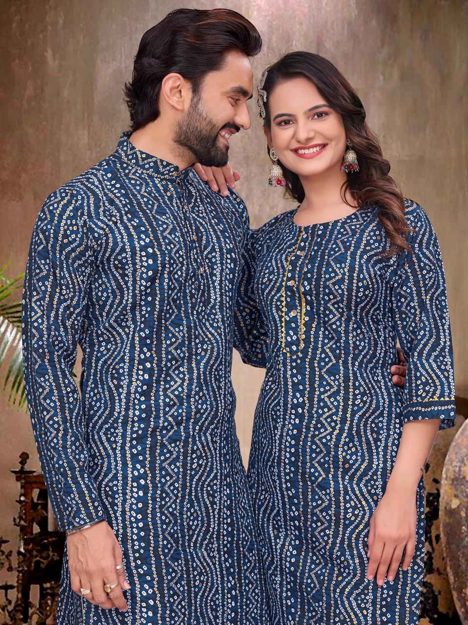 Blue Pure Soft Reyon Silk Kurta &amp; Kurti Matching Couple Set