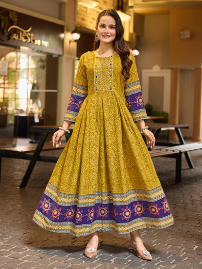Green Pure Reyon Silk Print With Embroidery Work Anarkali Gown 