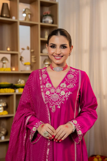 Pink Pure Satori Silk Printed Kurti Pant Dupatta Set 