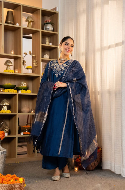Blue Pure Satori Silk Printed Kurti Pant Dupatta Set 