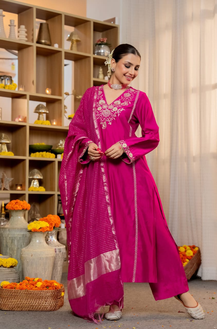 Pink Pure Satori Silk Printed Kurti Pant Dupatta Set 