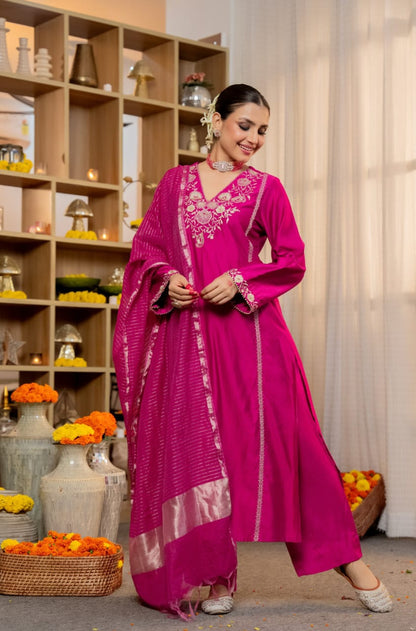 Pink Pure Satori Silk Printed Kurti Pant Dupatta Set 
