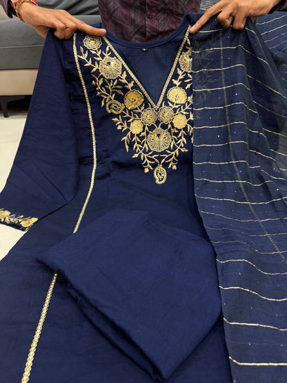 Blue Pure Satori Silk Printed Kurti Pant Dupatta Set 