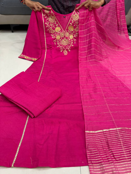 Pink Pure Satori Silk Printed Kurti Pant Dupatta Set 