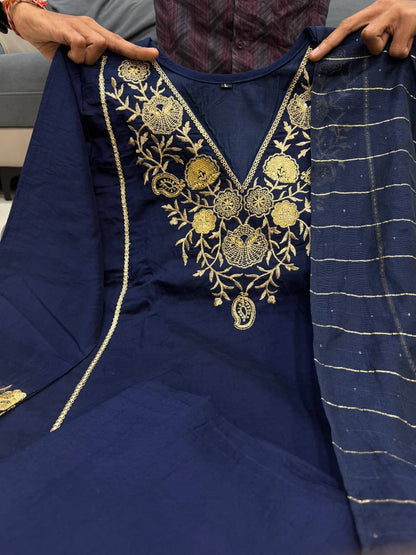 Blue Pure Satori Silk Printed Kurti Pant Dupatta Set 