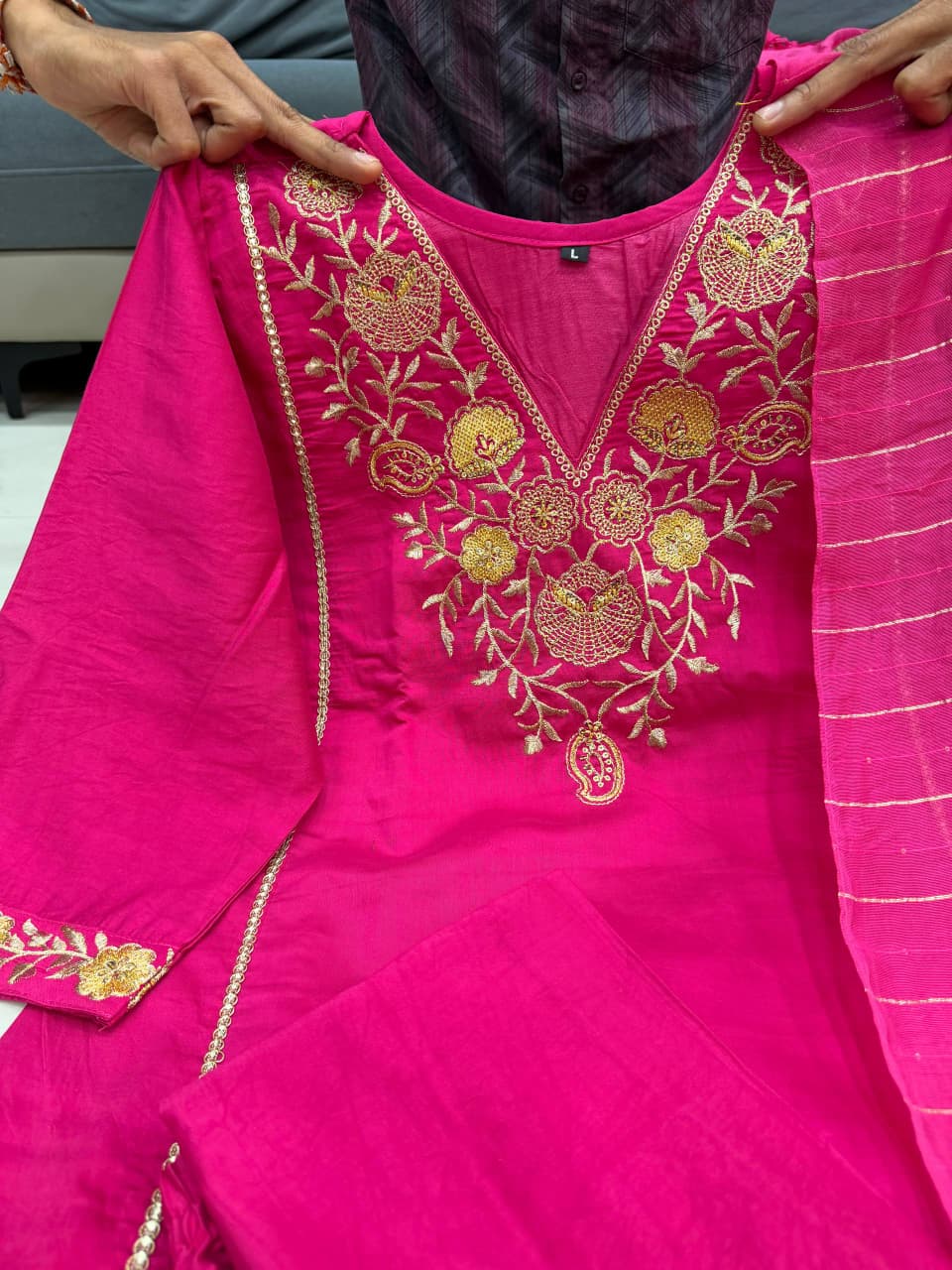 Pink Pure Satori Silk Printed Kurti Pant Dupatta Set 
