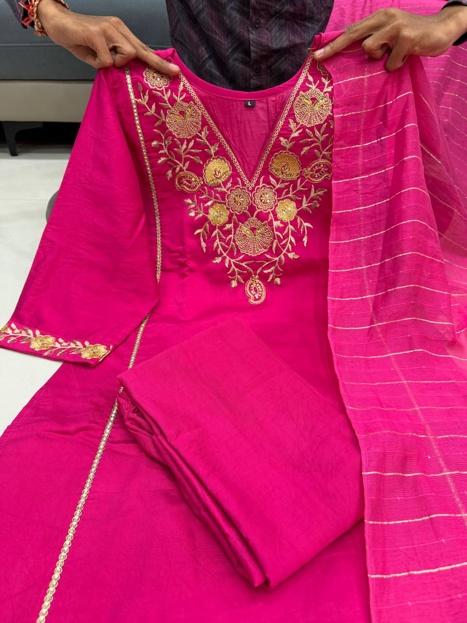 Pink Pure Satori Silk Printed Kurti Pant Dupatta Set 