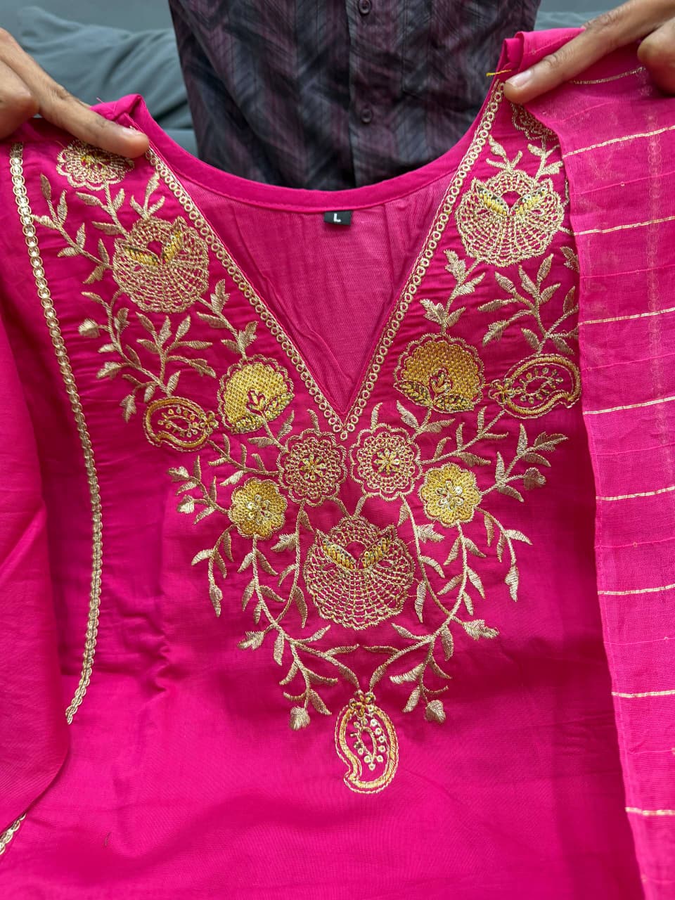 Pink Pure Satori Silk Printed Kurti Pant Dupatta Set 