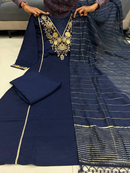 Blue Pure Satori Silk Printed Kurti Pant Dupatta Set 