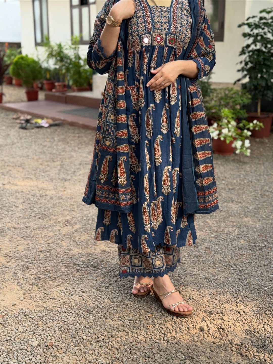 Blue Pure 60x60 Jaipuri Cotton Bagru Print Kurti Pant Dupatta Set 