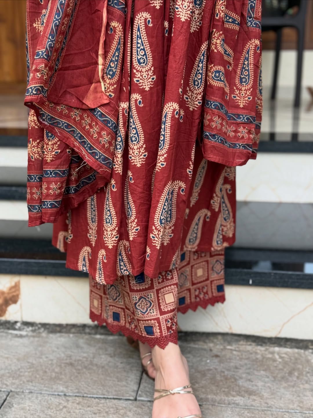 Red Pure 60x60 Jaipuri Cotton Bagru Print Kurti Pant Dupatta Set 