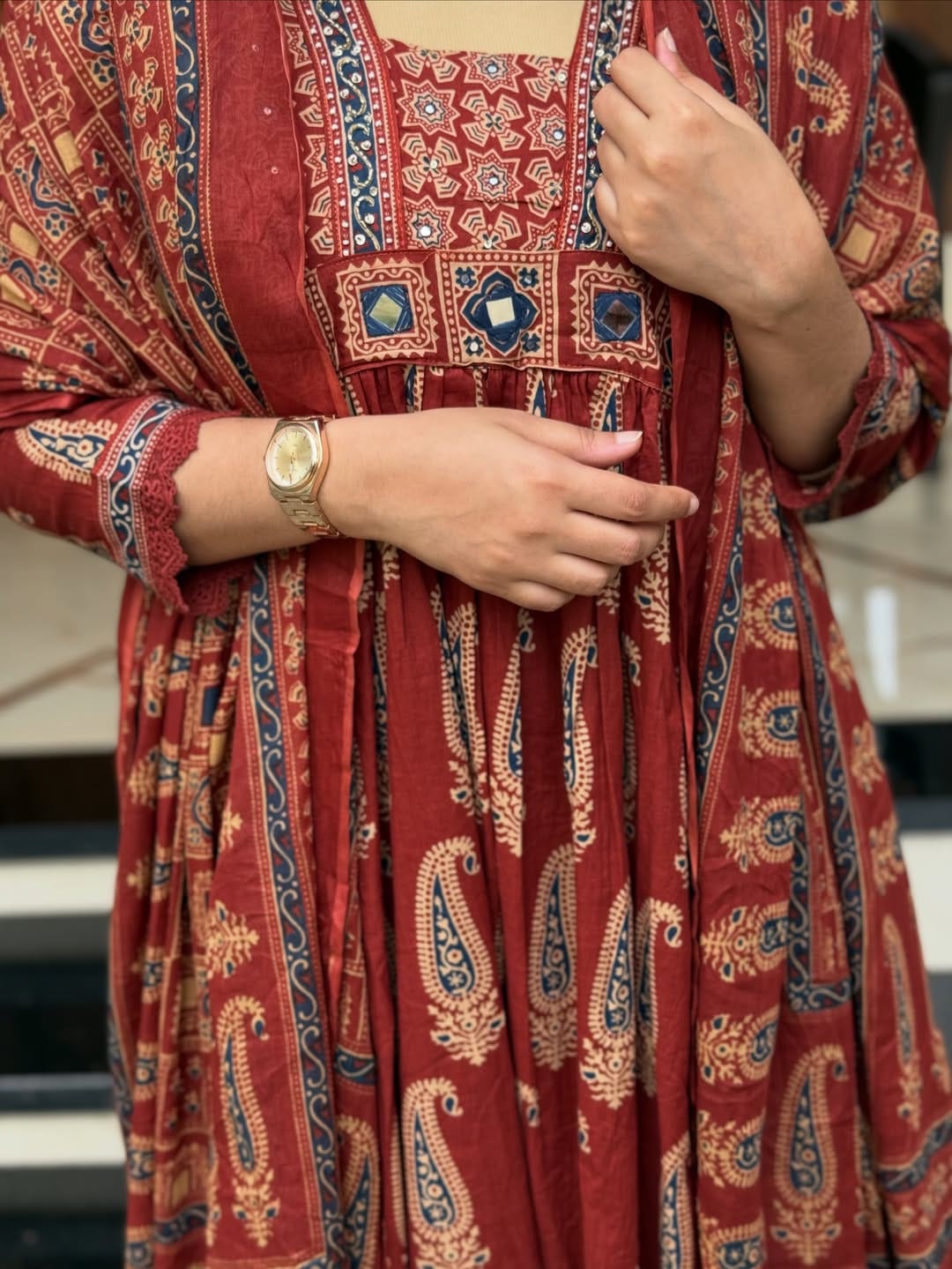 Red Pure 60x60 Jaipuri Cotton Bagru Print Kurti Pant Dupatta Set 