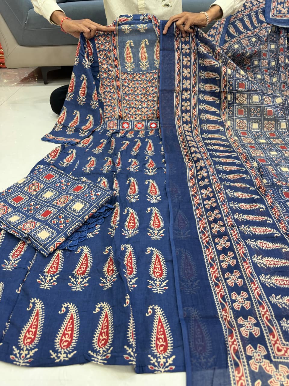 Blue Pure 60x60 Jaipuri Cotton Bagru Print Kurti Pant Dupatta Set 