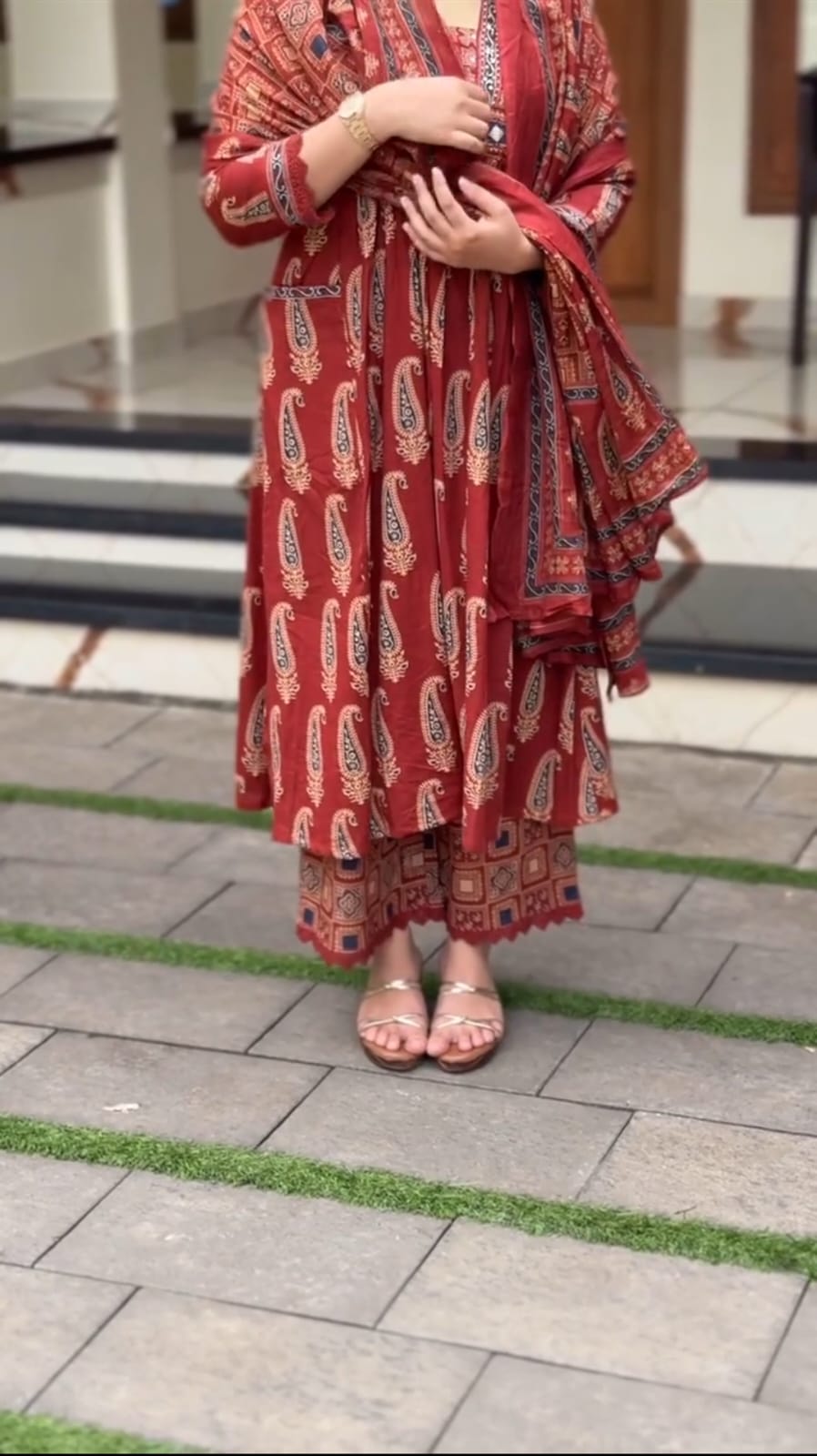 Red Pure 60x60 Jaipuri Cotton Bagru Print Kurti Pant Dupatta Set 