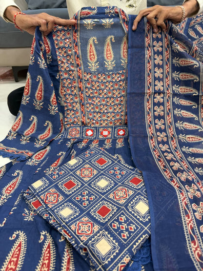 Blue Pure 60x60 Jaipuri Cotton Bagru Print Kurti Pant Dupatta Set 