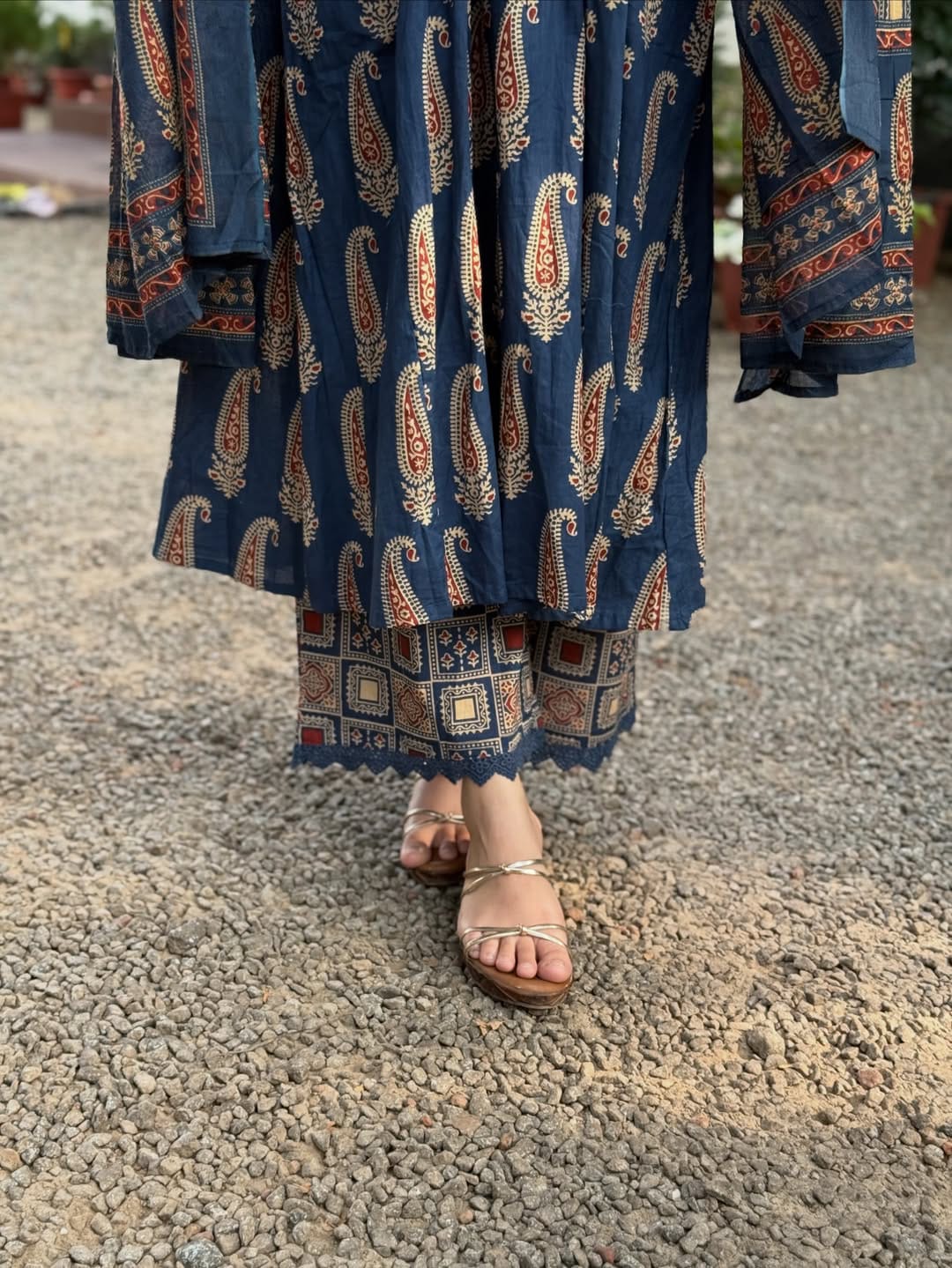 Blue Pure 60x60 Jaipuri Cotton Bagru Print Kurti Pant Dupatta Set 