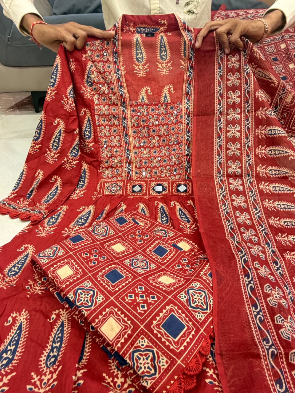 Red Pure 60x60 Jaipuri Cotton Bagru Print Kurti Pant Dupatta Set 