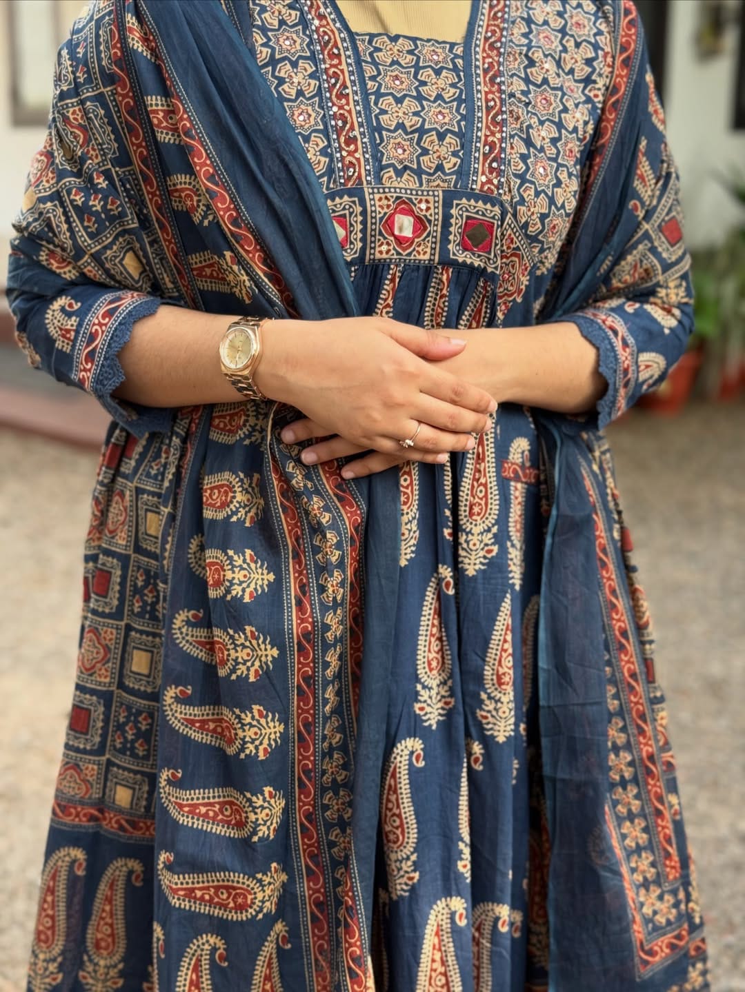 Blue Pure 60x60 Jaipuri Cotton Bagru Print Kurti Pant Dupatta Set 