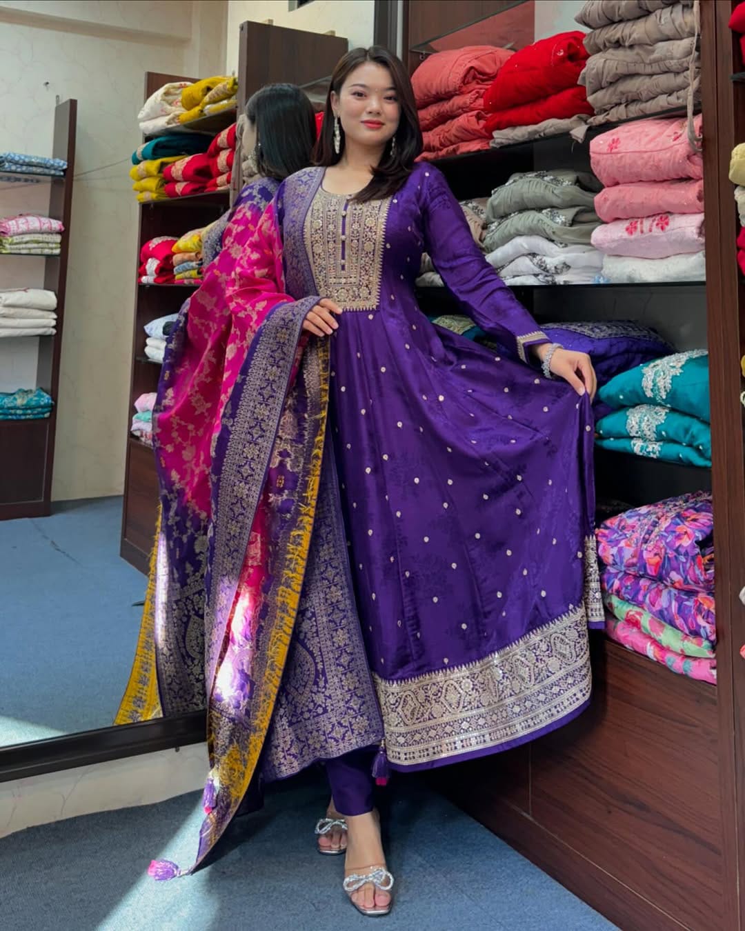 Blue Pure Banana Silk Anarkali Flared Kurti Pant Dupatta Set 
