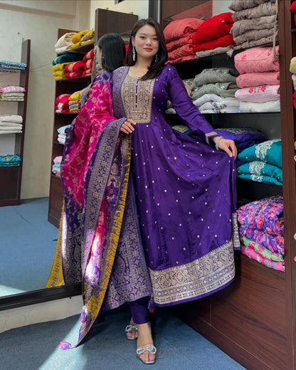 Blue Pure Banana Silk Anarkali Flared Kurti Pant Dupatta Set 