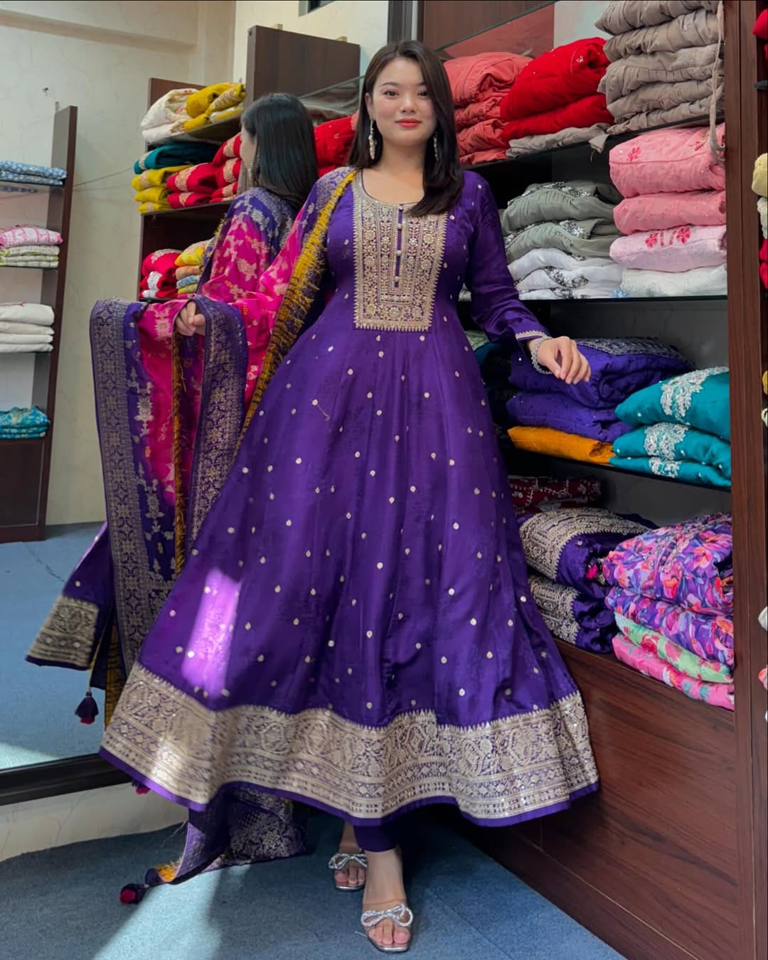 Blue Pure Banana Silk Anarkali Flared Kurti Pant Dupatta Set 