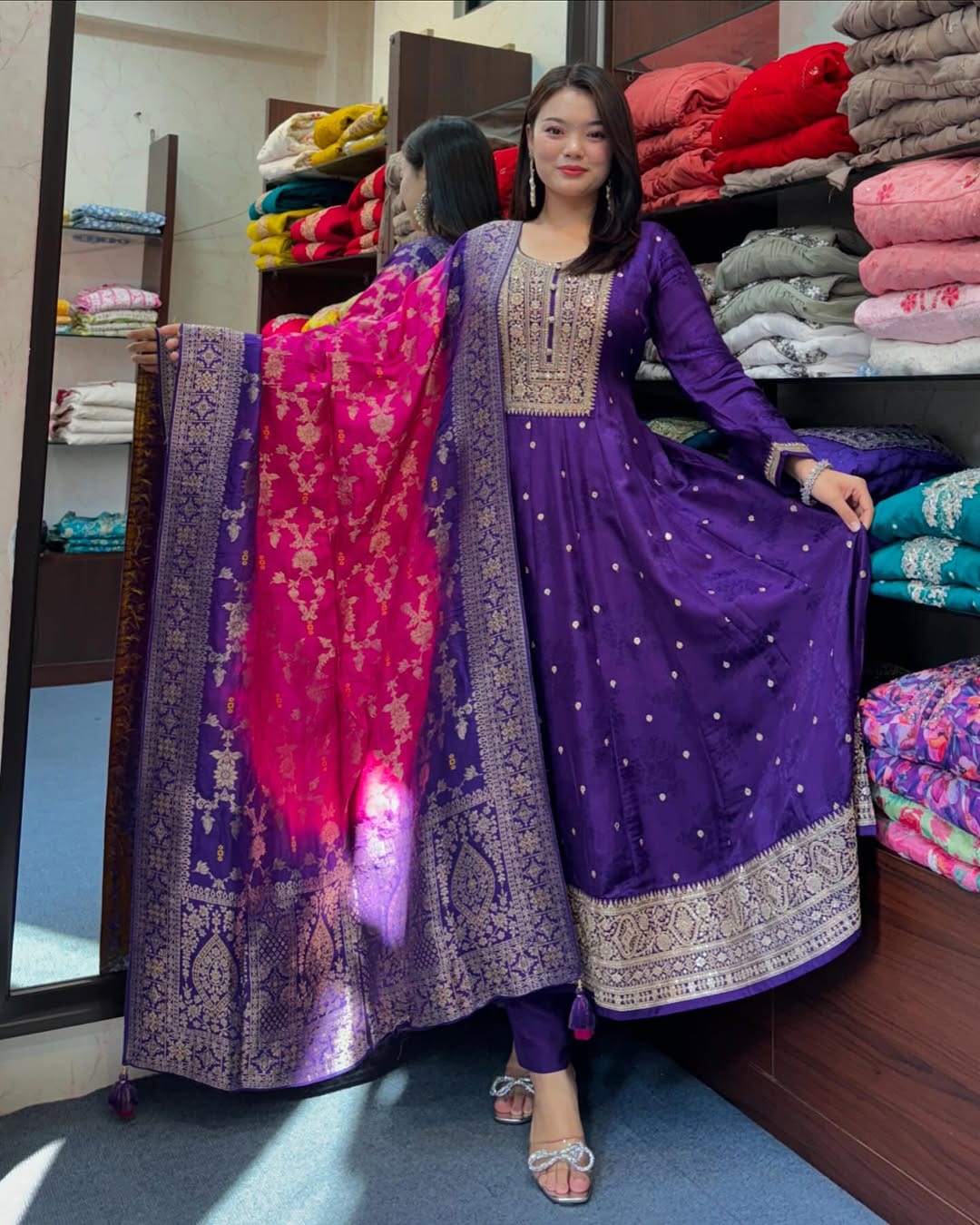 Blue Pure Banana Silk Anarkali Flared Kurti Pant Dupatta Set 